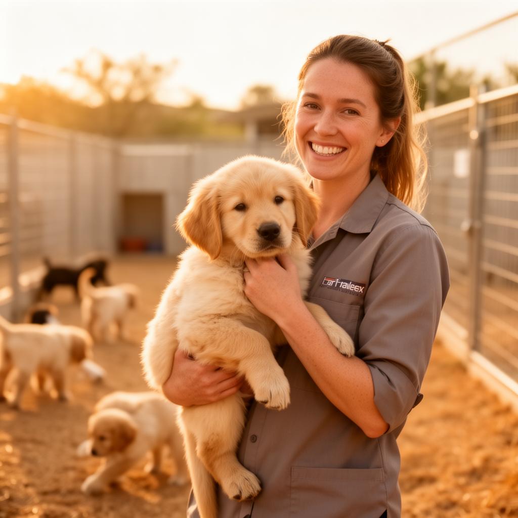 Allevatrice sorridente con un cucciolo di golden retriever in braccio